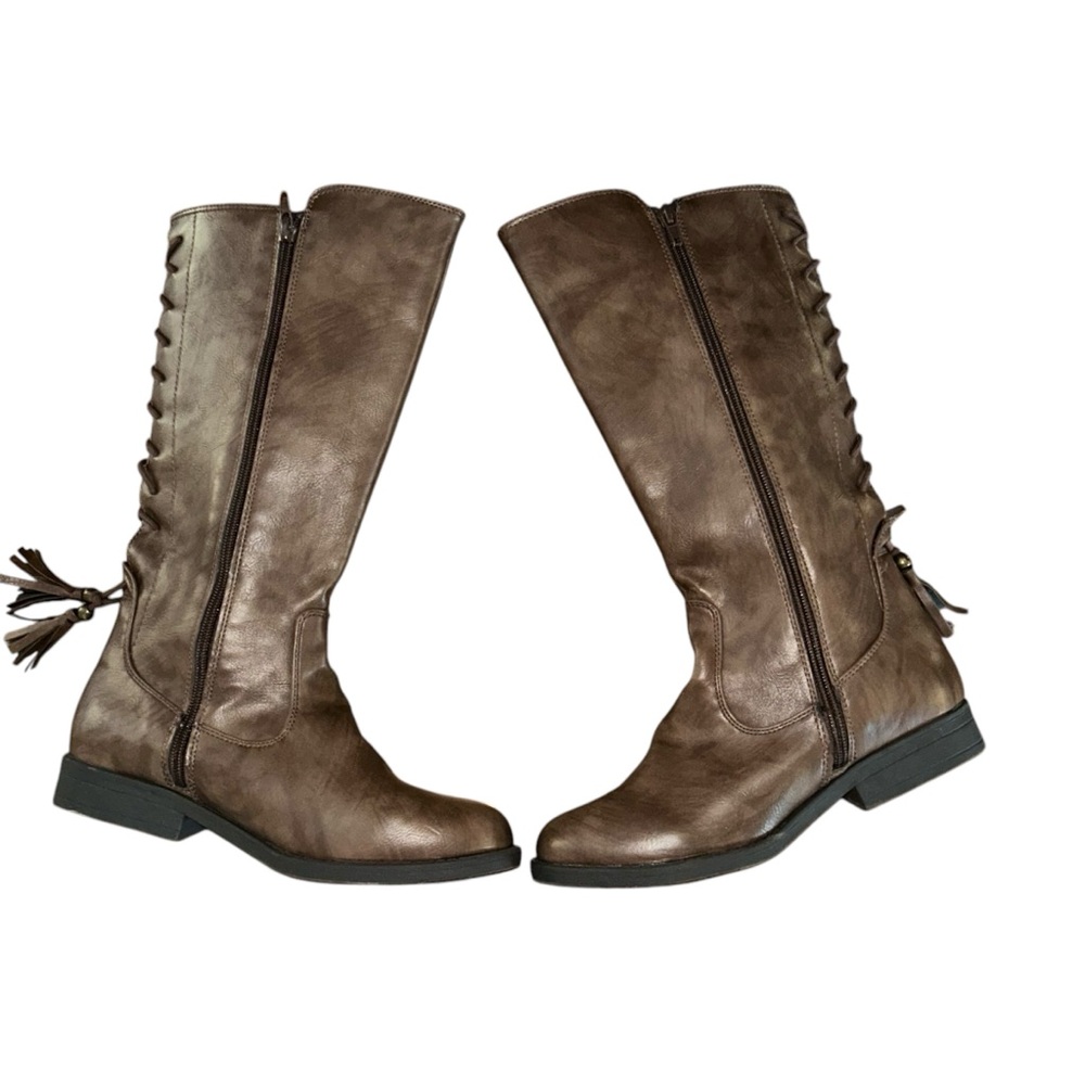 London‎ Fog Big Girls Brooke Riding Boots Size 5 Rear Lace Up Side Zip Brown